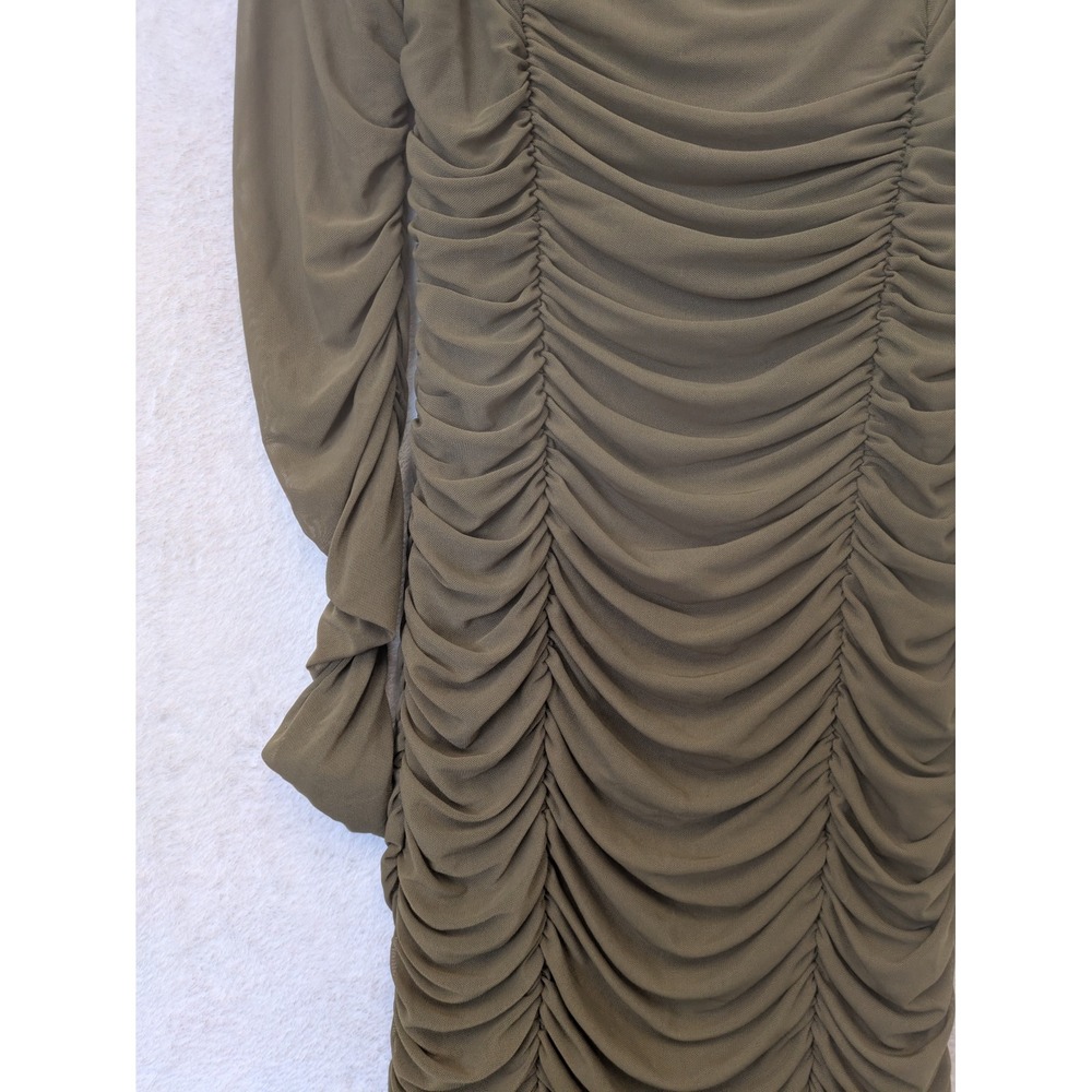 SHEIN Bodycon Dress Women's Size 6 Olive Green Ruched Mesh Square Neck Midi - Picture 3 of 9